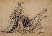 Jacques-Louis  David The Empress Josephine Kneeling with Mme de la Rochefoucauld and Mme de la Valette oil on canvas